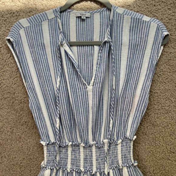 Rails Dress Womens S Blue Striped Ashlyn Midi Linen Blend Smocked Ruffle Pockets - Picture 2 of 10